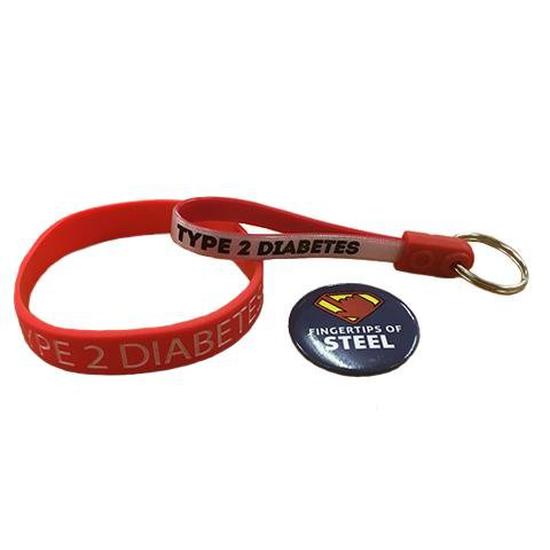 DCUK Pack + Lapel Pin (1 wristband, 1 badge, 1 loopy keyring & 1 lapel pin) - Diabetes.co.uk