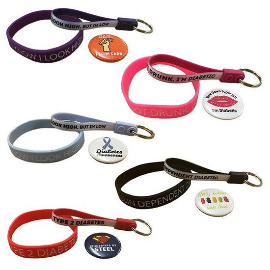 DCUK Pack + Lapel Pin (1 wristband, 1 badge, 1 loopy keyring & 1 lapel pin) - Diabetes.co.uk
